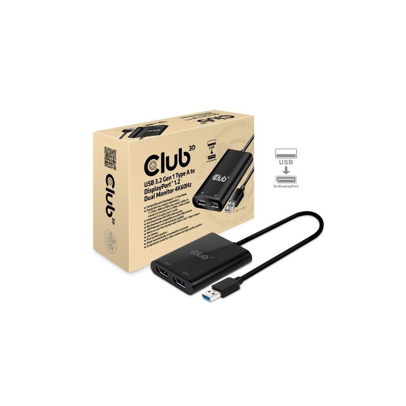 CSV-1477: CLUB3D SPLITTER USB TYPE A 3.1 GEN 1 TO DP 1.2 DUAL MONITOR SUPPORT 4K@60HZ
