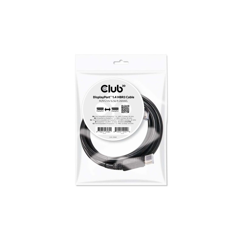 CAC-2068: CLUB3D DISPLAYPORT 1.4 HBR3 CABLE MALE / MALE 2 M/6.56FT