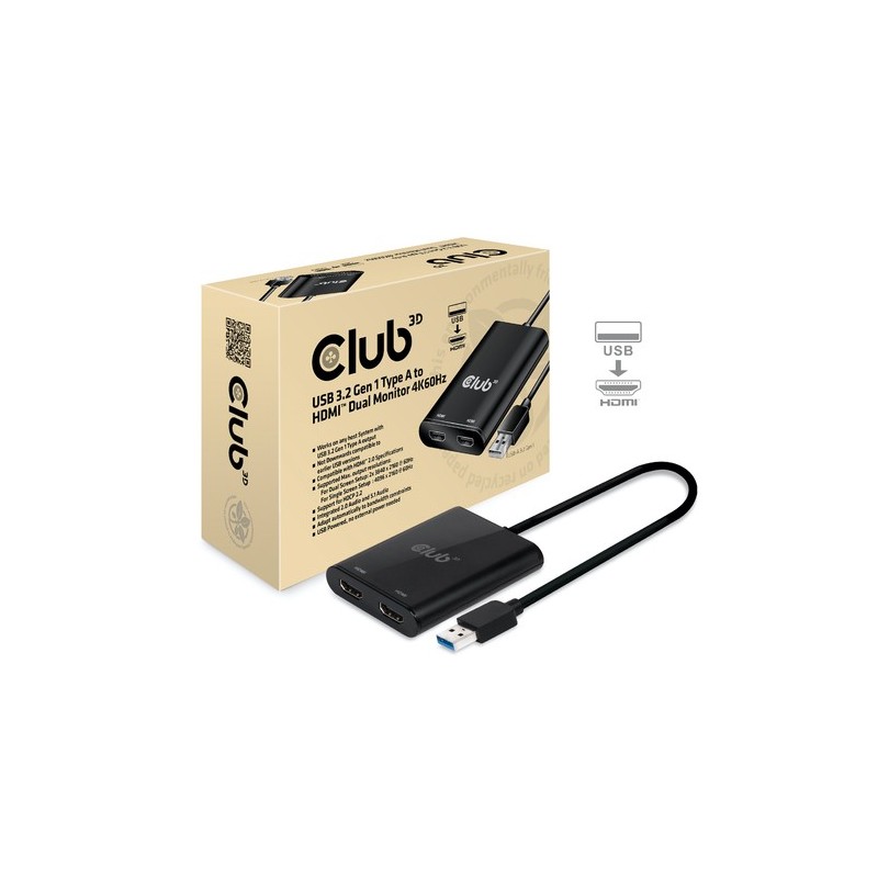 CSV-1474: CLUB3D SPLITTER USB TYPE A 3.1 GEN 1 TO HDMI 2.0 DUAL MONITOR SUPPORT 4K@60HZ