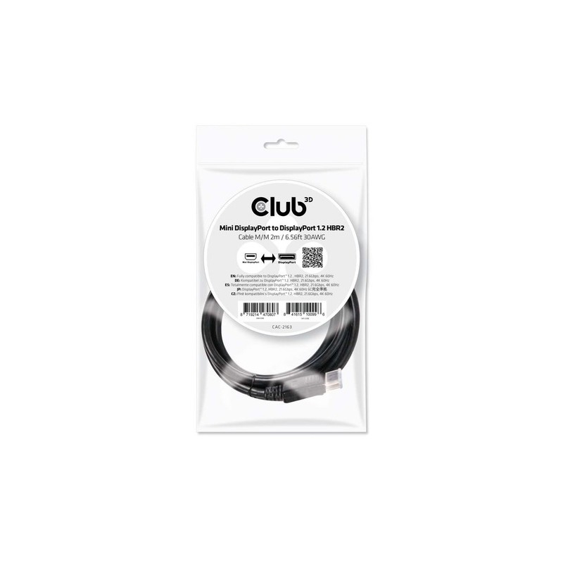 CAC-2163: CLUB3D MINI DISPLAY PORT 1.2 MALE TO DISPLAY PORT MALE CABLE 2 METERS 4K 60HZ  BI-DIRECTIONAL
