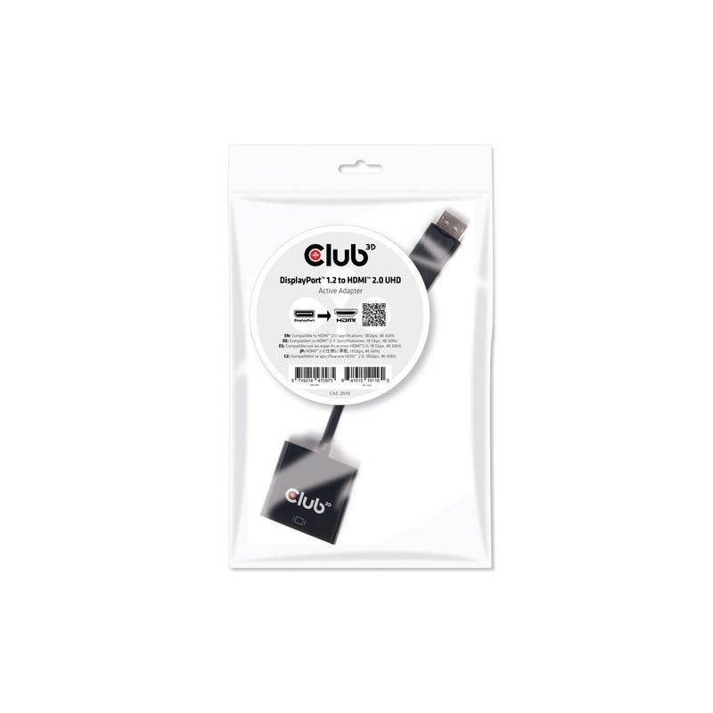 CAC-2070: CLUB3D DISPLAY PORT 1.2 MALE TO HDMI 2.0 FEMALE 4K 60HZ UHD/ 3D ACTIVE ADAPTER