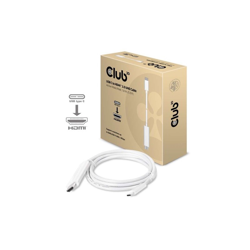 CAC-1514: CLUB3D USB TYPE C 3.1 GEN 1 TO HDMI 2.0 CABLE 1.8 METERS/  5.9 FEET - SUPPORT 4K UHD @ 60HZ
