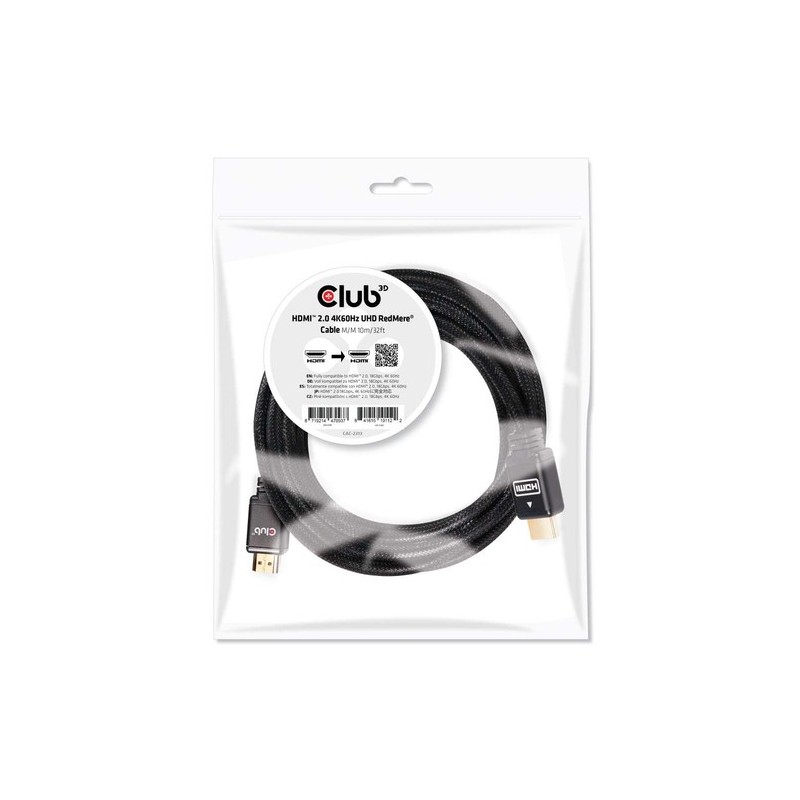 CAC-2313: CLUB3D HDMI 2.0 MALE TO HDMI 2.0 MALE  HIGH SPEED 4K60HZ UHD - REDMERE 10M/32.8FT