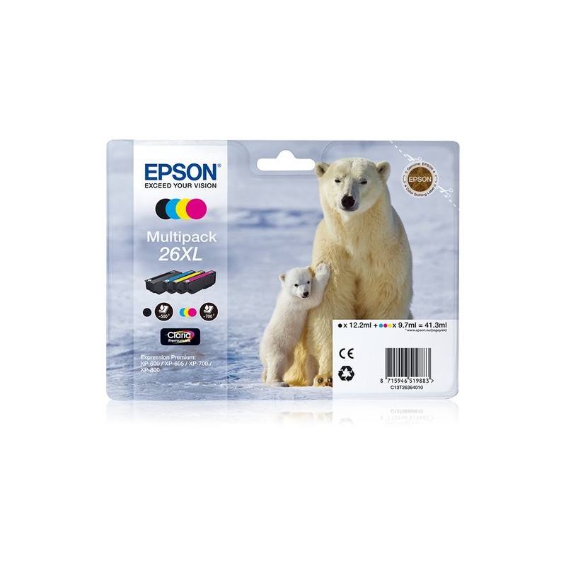 C13T26364010: EPSON CART INK MULTIPACK PER XP-600/605/700/800 SERIE 26XL/ORSO POLARE (T262140 + T263240 + T263340 + T263440)