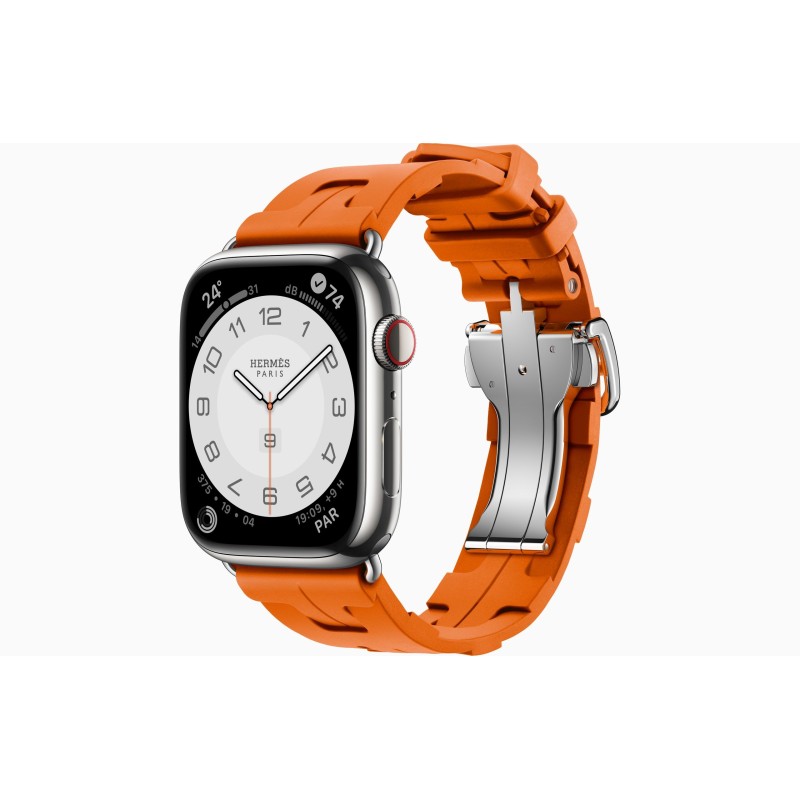 MRQQ3QL/A: APPLE WATCH HERMES SERIES9 GPS + CELLULAR 45MM SILVER STAINLESS STEEL CASE WITH ORANGE HERMES SPORT