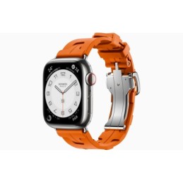 MRQ43QL/A: APPLE WATCH HERMES SERIES9 GPS + CELLULAR 41MM SILVER STAINLESS STEEL CASE WITH ORANGE HERMES SPORT