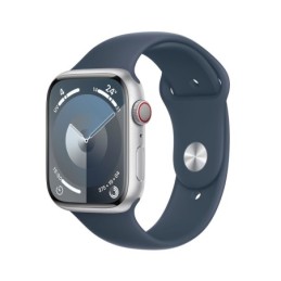 MRMG3QL/A: APPLE WATCH SERIES9 GPS + CELLULAR 45MM SILVER ALUMINIUM CASE WITH STORM BLUE SPORT BAND - S/M