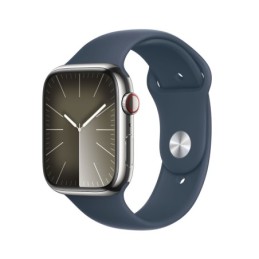 MRMP3QL/A: APPLE WATCH SERIES9 GPS + CELLULAR 45MM SILVER STAINLESS STEEL CASE WITH STORM BLUE SPORT BAND - M/