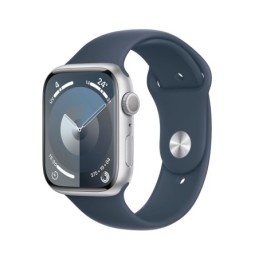 MR9D3QL/A: APPLE WATCH SERIES 9 GPS 45MM SILVER ALUMINIUM CASE WITH STORM BLUE SPORT BAND - S/M
