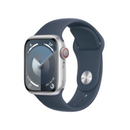 MR913QL/A: APPLE WATCH SERIES 9 GPS 41MM SILVER ALUMINIUM CASE WITH STORM BLUE SPORT BAND - M/L